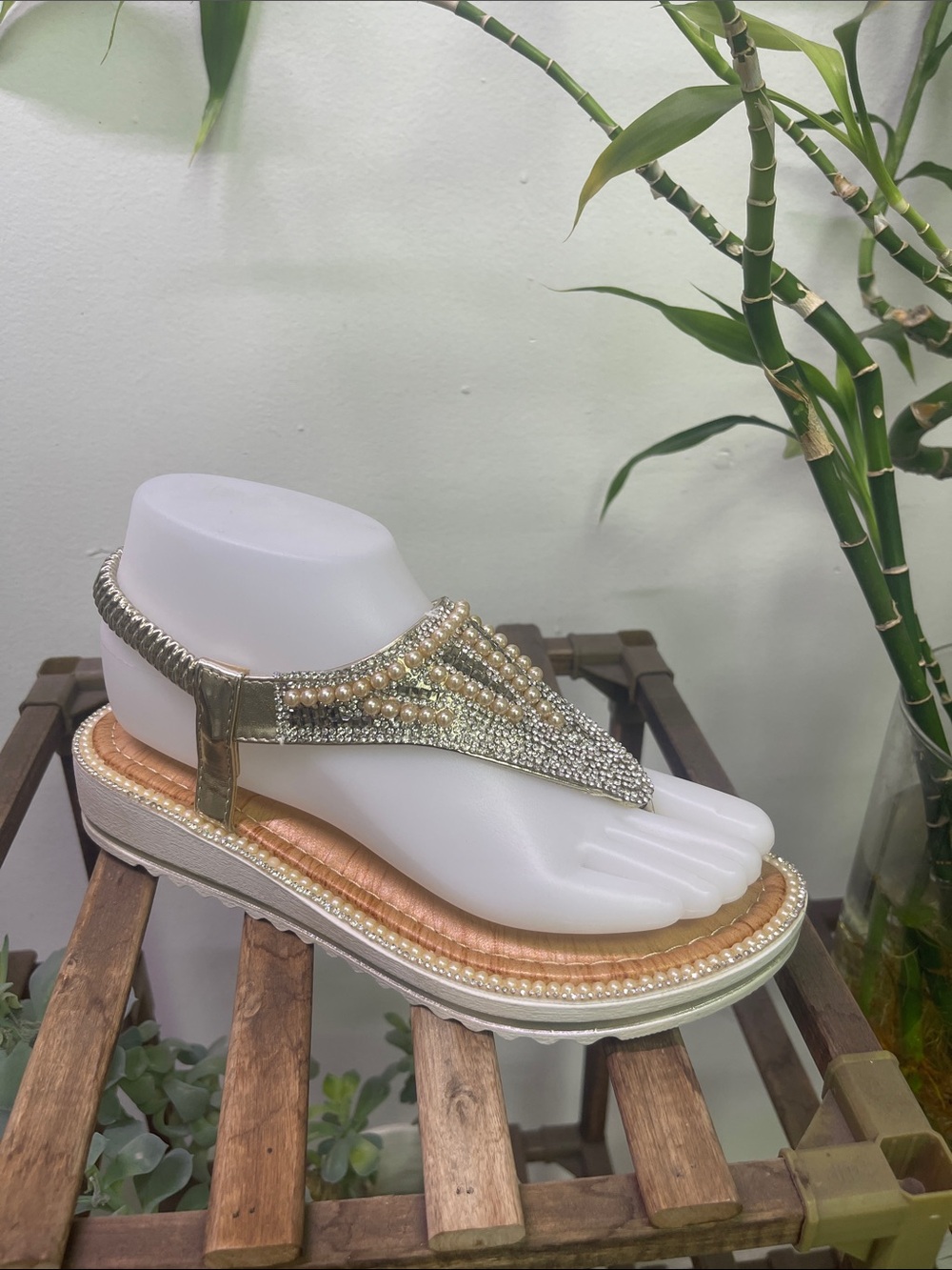 Beaded Gold T-Strap Women's Sandal with Cushioned Platform